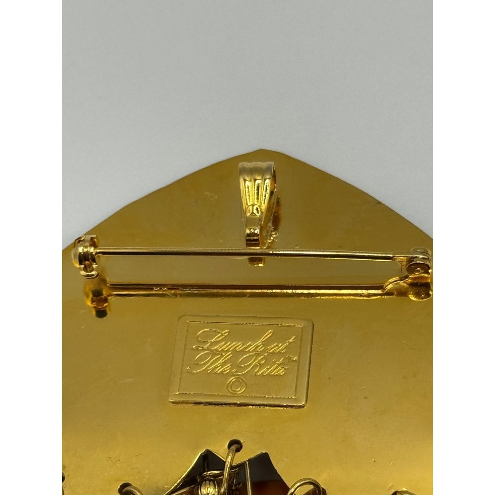 Lunch At The Ritz Cat Rhinestone Enamel Dangle Brooch - Picture 12 of 13